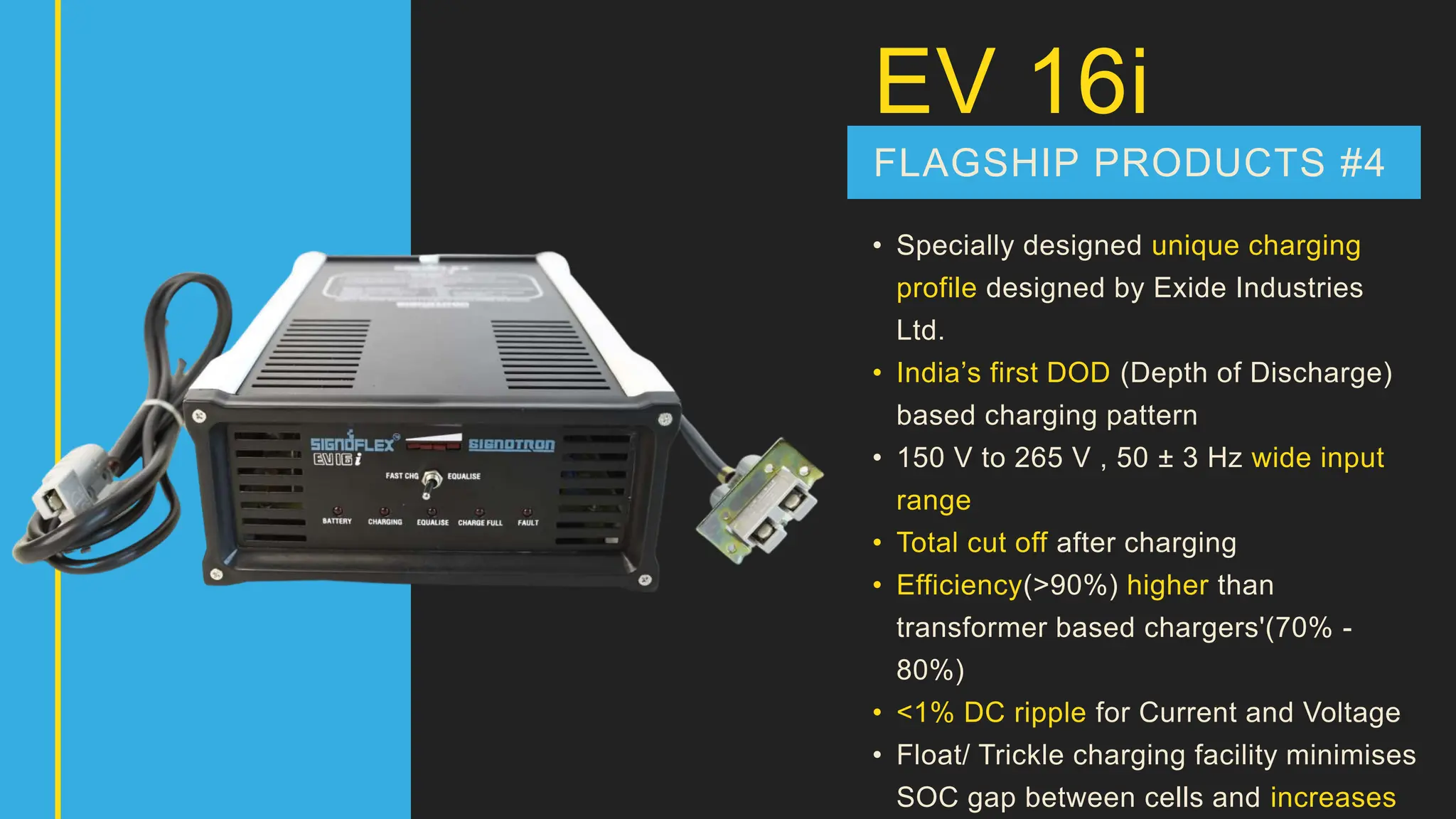 EV 16i
FLAGSHIP PRODUCTS #4
• Specially designed unique charging
profile designed by Exide Industries
Ltd.
• India’s first DOD (Depth of Discharge)
based charging pattern
• 150 V to 265 V , 50 ± 3 Hz wide input
range
• Total cut off after charging
• Efficiency(>90%) higher than
transformer based chargers'(70% -
80%)
• <1% DC ripple for Current and Voltage
• Float/ Trickle charging facility minimises
SOC gap between cells and increases
 