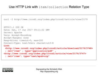 Signposting the Scholarly Web
http://signposting.org
curl –I http://www.irrodl.org/index.php/irrodl/article/view/2179
HTTP/1.1 200 OK
Date: Sat, 17 Jun 2017 09:11:52 GMT
Server: Apache
Vary: Accept-Encoding
Accept-Ranges: none
Keep-Alive: timeout=5, max=200
Content-Type: text/html; charset=utf-8
Link:
<http://www.irrodl.org/index.php/irrodl/article/download/2179/3748>
; rel=“item” ; type=“application/pdf” ,
<http://www.irrodl.org/index.php/irrodl/article/view/2179/3747>
; rel="item"; type="text/epub+zip"
Use HTTP Link with item/collection Relation Type
 