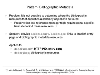 Signposting the Scholarly Web
http://signposting.org
• Problem: It is not possible to determine where the bibliographic
resources that describes a scholarly object can be found
• Preservation and reference manager tools require portal-specific
heuristic to find those resources (1)
• Solution: provide describedby/describes links to interlink entry
page and bibliographic metadata resources
• Applies to:
• describedby: HTTP PID, entry page
• describes: bibliographic resources
Pattern: Bibliographic Metadata
(1) Van de Sompel, H., Rosenthal, D., and Nelson, M.L. (2016) Web Infrastructure to Support e-Journal
Preservation (and More). http://arxiv.org/abs/1605.06154
 