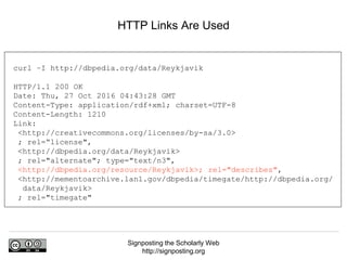 Signposting the Scholarly Web
http://signposting.org
HTTP Links Are Used
curl –I http://dbpedia.org/data/Reykjavik
HTTP/1.1 200 OK
Date: Thu, 27 Oct 2016 04:43:28 GMT
Content-Type: application/rdf+xml; charset=UTF-8
Content-Length: 1210
Link:
<http://creativecommons.org/licenses/by-sa/3.0>
; rel=“license",
<http://dbpedia.org/data/Reykjavik>
; rel="alternate"; type="text/n3",
<http://dbpedia.org/resource/Reykjavik>; rel="describes",
<http://mementoarchive.lanl.gov/dbpedia/timegate/http://dbpedia.org/
data/Reykjavik>
; rel="timegate"
 