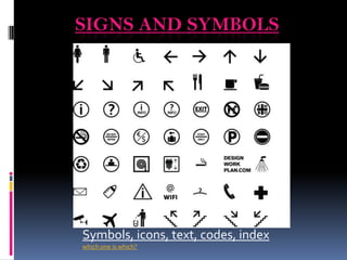 SIGNS AND SYMBOLS




Symbols, icons, text, codes, index
which one is which?
 