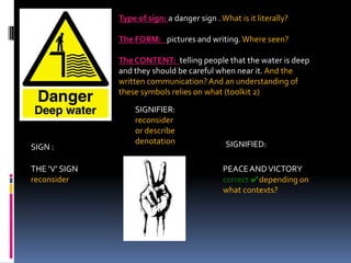 Type of sign: a danger sign . What is it literally?

               The FORM: pictures and writing. Where seen?

               The CONTENT: telling people that the water is deep
               and they should be careful when near it. And the
               written communication? And an understanding of
               these symbols relies on what (toolkit 2)

                   SIGNIFIER:
                   reconsider
                   or describe
                   denotation                  SIGNIFIED:
SIGN :

THE ‘V’ SIGN                                  PEACE AND VICTORY
reconsider                                    correct ✔depending on
                                              what contexts?
 