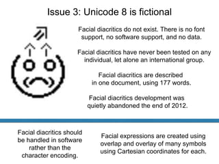 Issue 3: Unicode 8 is fictional
Facial diacritics do not exist. There is no font
support, no software support, and no data...