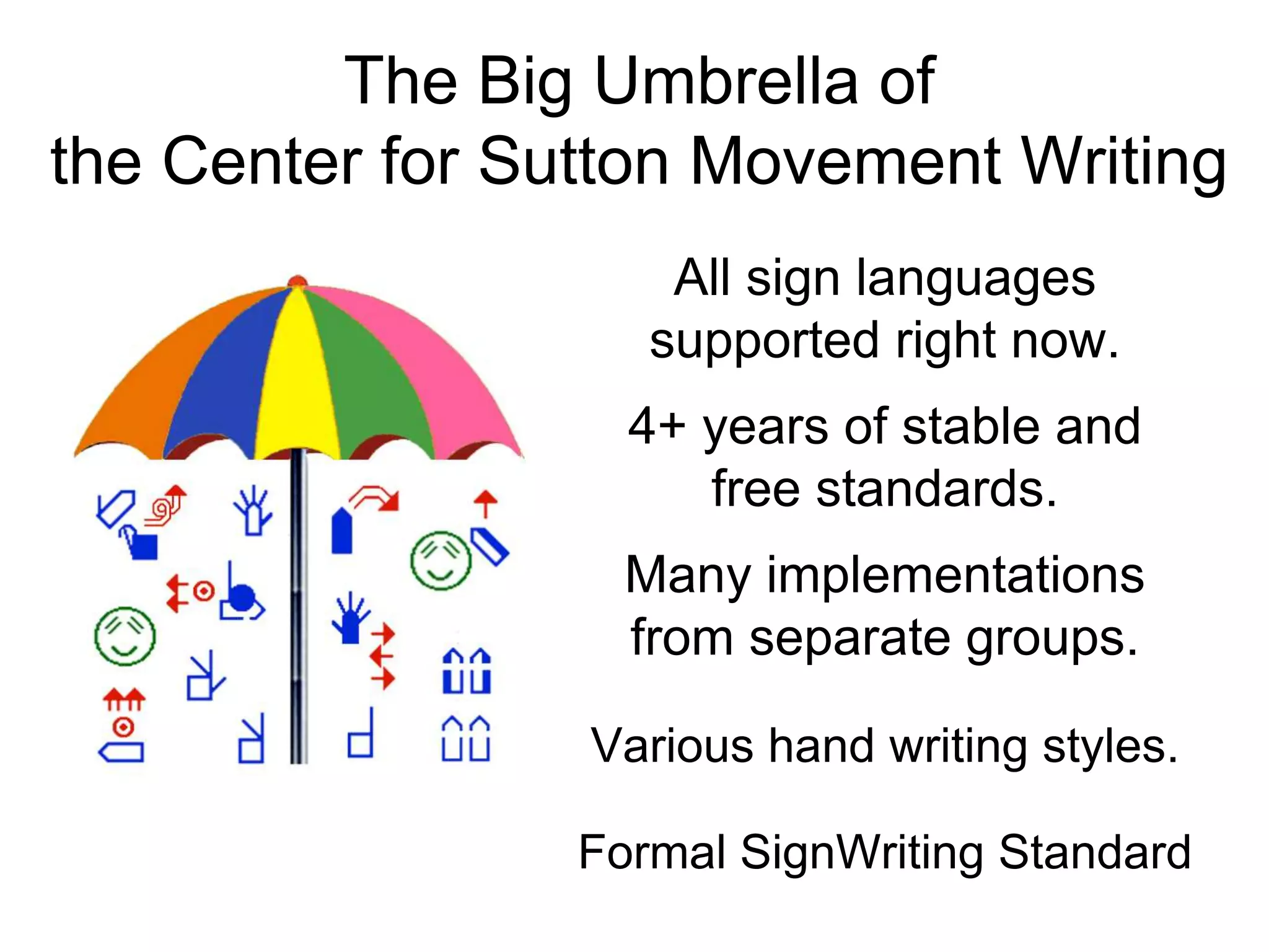 The Big Umbrella of
the Center for Sutton Movement Writing
All sign languages
supported right now.
5+ years of stable and
free standards.
Many implementations
from separate groups.
Various hand writing styles.
Formal SignWriting (FSW) specification
 