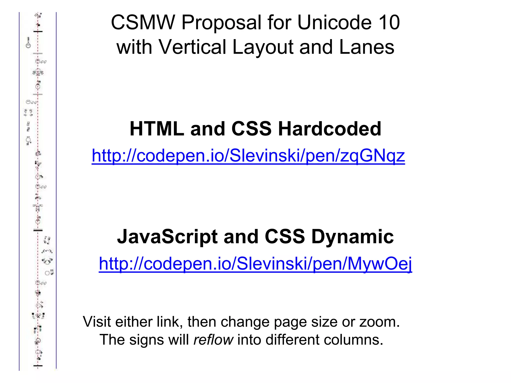 Fix Sorting and Simplify Processing
Under the triadic symbol definition, each symbol is written
as 3 Unicode characters of a base, a fill, and a rotation.
“The standard retains the order of characters in a source set where
possible. When the characters of a script are traditionally arranged in a
certain order—alphabetic order, for example—the Unicode Standard
arranges them in its codespace using the same order whenever possible.”
http://unicode.org/standard/principles.html
Fill Modifier 1
Rotation Modifier 1
U+1DA9A
U+1DAA0
Using a binary string comparison, efficient sorting is
available for all programming languages and applications.
 