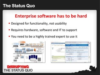 The Status Quo

      Enterprise software has to be hard
   Designed for functionality, not usability
   Requires hardware, software and IT to support
   You need to be a highly trained expert to use it
 