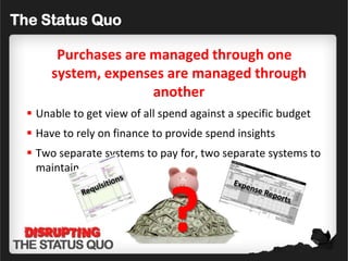 The Status Quo

        Purchases are managed through one
       system, expenses are managed through
                      another
   Unable to get view of all spend against a specific budget
   Have to rely on finance to provide spend insights
   Two separate systems to pay for, two separate systems to
    maintain



                               ?
 
