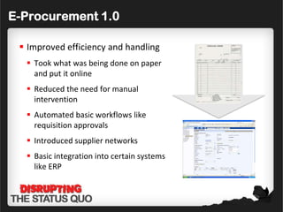 E-Procurement 1.0

  Improved efficiency and handling
   Took what was being done on paper
    and put it online
   Reduced the need for manual
    intervention
   Automated basic workflows like
    requisition approvals
   Introduced supplier networks
   Basic integration into certain systems
    like ERP
 