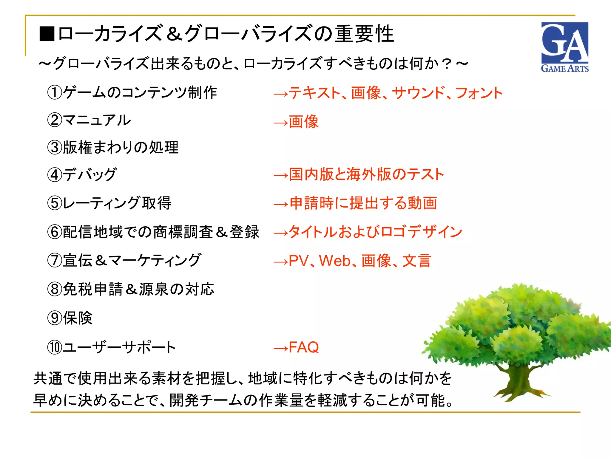 ■ローカライズ＆グローバライズの重要性
～グローバライズ出来るものと、ローカライズすべきものは何か？～
 ①ゲームのコンテンツ制作    →テキスト、画像、サウンド、フォント
 ②マニュアル          →画像
 ③版権まわりの処理
 ④デバッグ           →国内版と海外版のテスト
 ⑤レーティング取得       →申請時に提出する動画
 ⑥配信地域での商標調査＆登録 →タイトルおよびロゴデザイン
 ⑦宣伝＆マーケティング     →PV、Web、画像、文言
 ⑧免税申請＆源泉の対応
 ⑨保険
 ⑩ユーザーサポート       →FAQ

共通で使用出来る素材を把握し、地域に特化すべきものは何かを
早めに決めることで、開発チームの作業量を軽減することが可能。
 