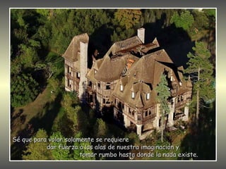 Sé que para volar solamente se requiere
           dar fuerza a las alas de nuestra imaginación y
                       tomar rumbo hasta donde la nada existe.
 