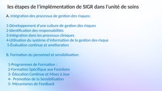 les étapes de l’implémentation de SIGR dans l’unité de soins
A. Intégration des processus de gestion des risques:
1-Développement d'une culture de gestion des risques
2-Identification des responsabilités
3-Intégration dans les processus cliniques
4-Utilisation du système d'information de la gestion des risque
5-Évaluation continue et amélioration
B. Formation du personnel et sensibilisation:
1-Programmes de Formation :
2-Formation Spécifique aux Fonctions
3- Éducation Continue et Mises à Jour
4- Promotion de la Sensibilisation
5- Mécanismes de Feedback
 