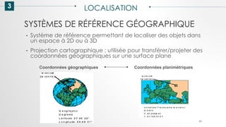 SYSTÈMES DE RÉFÉRENCE GÉOGRAPHIQUE
3 LOCALISATION
42
• Système de référence permettant de localiser des objets dans
un espace à 2D ou à 3D
• Projection cartographique : utilisée pour transférer/projeter des
coordonnées géographiques sur une surface plane
Coordonnées géographiques Coordonnées planimétriques
 