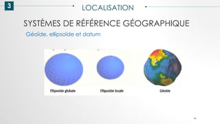 SYSTÈMES DE RÉFÉRENCE GÉOGRAPHIQUE
3 LOCALISATION
46
Géoïde, ellipsoïde et datum
 