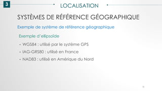 SYSTÈMES DE RÉFÉRENCE GÉOGRAPHIQUE
3 LOCALISATION
51
Exemple d’ellipsoïde
• WGS84 : utilisé par le système GPS
• IAG-GRS80 : utilisé en France
• NAD83 : utilisé en Amérique du Nord
Exemple de système de référence géographique
 