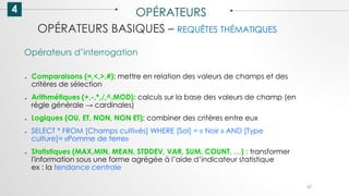 OPÉRATEURS BASIQUES – REQUÊTES THÉMATIQUES
4 OPÉRATEURS
57
● Comparaisons (=,<,>,#): mettre en relation des valeurs de champs et des
critères de sélection
● Arithmétiques (+,-,*,/,^,MOD): calculs sur la base des valeurs de champ (en
règle générale → cardinales)
● Logiques (OU, ET, NON, NON ET): combiner des critères entre eux
● SELECT * FROM [Champs cultivés] WHERE [Sol] = « Noir » AND [Type
culture]= «Pomme de terre»
● Statistiques (MAX,MIN, MEAN, STDDEV, VAR, SUM, COUNT, …) : transformer
l'information sous une forme agrégée à l’aide d’indicateur statistique
ex : la tendance centrale
Opérateurs d’interrogation
 