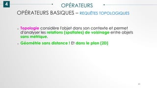 OPÉRATEURS BASIQUES – REQUÊTES TOPOLOGIQUES
4 OPÉRATEURS
60
● Topologie considère l'objet dans son contexte et permet
d'analyser les relations (spatiales) de voisinage entre objets
sans métrique.
● Géométrie sans distance ! Et dans le plan (2D)
 