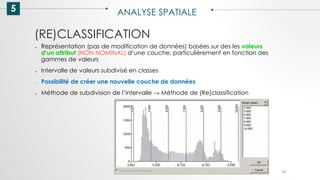 5 ANALYSE SPATIALE
74
(RE)CLASSIFICATION
● Représentation (pas de modification de données) basées sur des les valeurs
d’un attribut (NON NOMINAL) d’une couche, particulièrement en fonction des
gammes de valeurs
● Intervalle de valeurs subdivisé en classes
→ Possibilité de créer une nouvelle couche de données
● Méthode de subdivision de l’intervalle → Méthode de (Re)classification
 