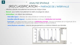 5 ANALYSE SPATIALE
76
(RE)CLASSIFICATION – PARTAGE DE L’INTERVALLE
● Utilisateur spécifie manuellement les bornes de chaque classe
● Manuel : pour mettre manuellement en relief une plage de valeurs
● Automatique : en utilisant des statistiques
– Intervalles égaux : étendue de valeur divisée en nombre de classes
– Quantiles (effectifs égaux) : visualiser données continues à distribution non normale
– Ecart-type : visualiser données continues à distribution normale ; mesure normalisée de la magnitude de la
déviation par rapport à la moyenne des valeurs d’attributs des échantillons
– Jenks (Ruptures naturelles) : cherche des groupements ou schémas inhérents aux données
– ...
 