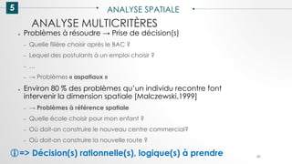 5 ANALYSE SPATIALE
85
ANALYSE MULTICRITÈRES
● Problèmes à résoudre → Prise de décision(s)
– Quelle filière choisir après le BAC ?
– Lequel des postulants à un emploi choisir ?
– …
– → Problèmes « aspatiaux »
● Environ 80 % des problèmes qu’un individu recontre font
intervenir la dimension spatiale [Malczewski,1999]
– → Problèmes à référence spatiale
– Quelle école choisir pour mon enfant ?
– Où doit-on construire le nouveau centre commercial?
– Où doit-on construire la nouvelle route ?
=> Décision(s) rationnelle(s), logique(s) à prendre
 