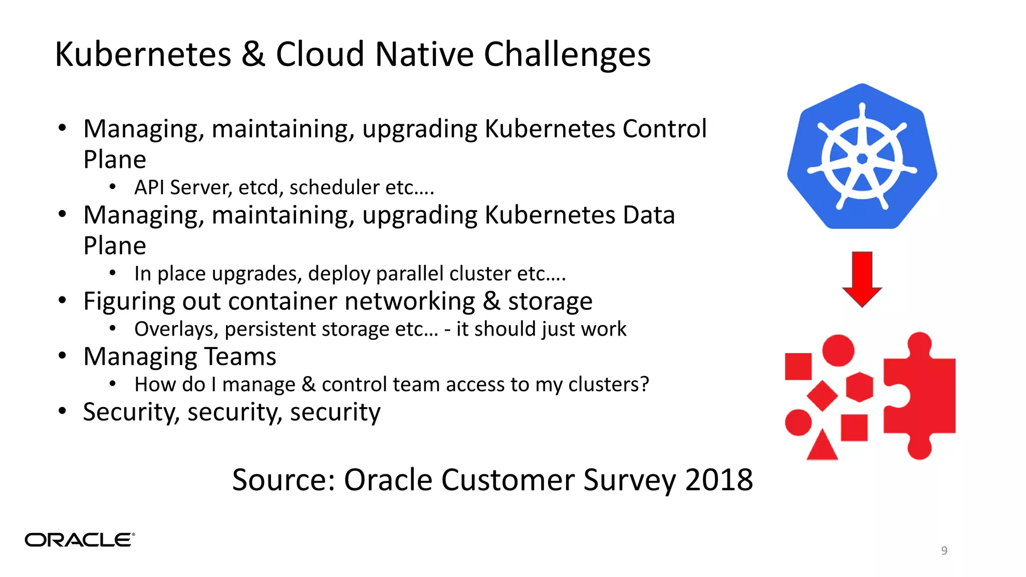 • Managing, maintaining, upgrading Kubernetes Control
Plane
• API Server, etcd, scheduler etc….
• Managing, maintaining, upgrading Kubernetes Data
Plane
• In place upgrades, deploy parallel cluster etc….
• Figuring out container networking & storage
• Overlays, persistent storage etc… - it should just work
• Managing Teams
• How do I manage & control team access to my clusters?
• Security, security, security
9
Kubernetes & Cloud Native Challenges
Source: Oracle Customer Survey 2018
 