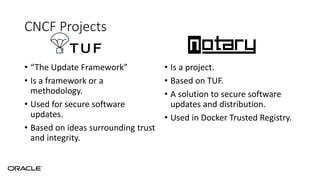 CNCF Projects
• “The Update Framework”
• Is a framework or a
methodology.
• Used for secure software
updates.
• Based on ideas surrounding trust
and integrity.
• Is a project.
• Based on TUF.
• A solution to secure software
updates and distribution.
• Used in Docker Trusted Registry.
 
