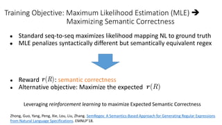 Training Objective: Maximum Likelihood Estimation (MLE) 
Maximizing Semantic Correctness
● Standard seq-to-seq maximizes likelihood mapping NL to ground truth
● MLE penalizes syntactically different but semantically equivalent regex
● Reward : semantic correctness
● Alternative objective: Maximize the expected
Leveraging reinforcement learning to maximize Expected Semantic Correctness
Zhong, Guo, Yang, Peng, Xie, Lou, Liu, Zhang. SemRegex: A Semantics-Based Approach for Generating Regular Expressions
from Natural Language Specifications. EMNLP’18.
 