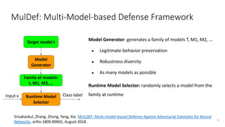 MulDef: Multi-Model-based Defense Framework
31
Target model t
Model
Generator
Runtime Model
Selector
Input x Class label
Model Generator: generates a family of models T, M1, M2, ...
● Legitimate-behavior preservation
● Robustness diversity
● As many models as possible
Runtime Model Selector: randomly selects a model from the
family at runtime
Srisakaokul, Zhang, Zhong, Yang, Xie. MULDEF: Multi-model-based Defense Against Adversarial Examples for Neural
Networks. arXiv:1809.00065, August 2018.
Family of models:
t, M1, M2, …
 