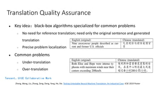 Translation Quality Assurance
● Key idea：black-box algorithms specialized for common problems
○ No need for reference translation; need only the original sentence and generated
translation
○ Precise problem localization
● Common problems
○ Under-translation
○ Over-translation
Tencent、UIUC Collaborative Work
Zheng, Wang, Liu, Zhang, Zeng, Deng, Yang, He, Xie. Testing Untestable Neural Machine Translation: An Industrial Case. ICSE 2019 Poster
 