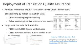 Deployment of Translation Quality Assurance
● Adopted to improve WeChat translation service (over 1 billion users，
online serving 12 million translation tasks)
○ Offline monitoring (regression testing)
○ Online monitoring (real time selection of best model)
● Large scale test data for translation
○ ~130K English/180K Chinese words/phrases
○ Detect numerous problems in other vendors as well
BLEU Score Improvement %Problems Reduction
Problem Cases in Other Translation Services
Tencent、UIUC Collaborative Work
Zheng, Wang, Liu, Zhang, Zeng, Deng, Yang, He, Xie.
Testing Untestable Neural Machine Translation: An
Industrial Case. ICSE 2019 Poster
 