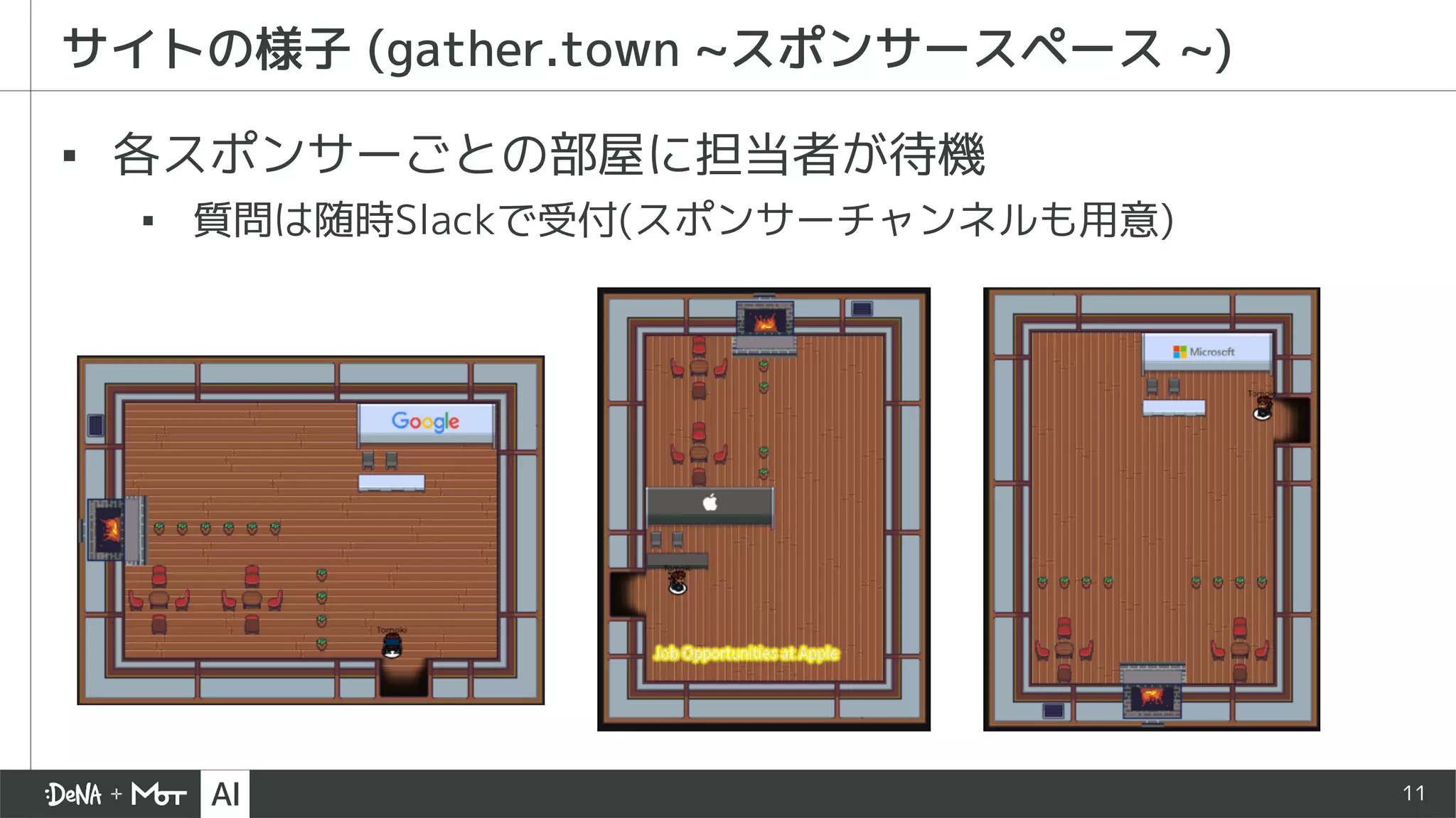 11
サイトの様子 (gather.town ~スポンサースペース ~)
▪ 各スポンサーごとの部屋に担当者が待機
▪ 質問は随時Slackで受付(スポンサーチャンネルも用意)
 