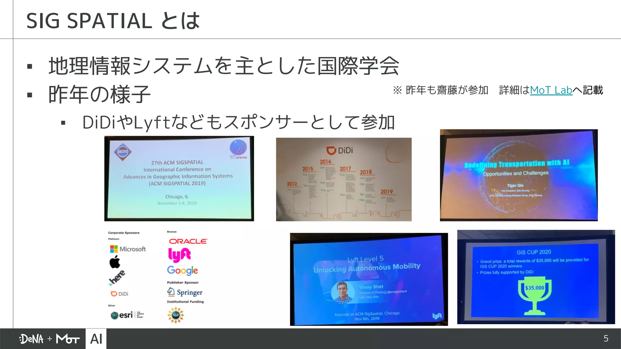 5
SIG SPATIAL とは
▪ 地理情報システムを主とした国際学会
▪ 昨年の様子
▪ DiDiやLyftなどもスポンサーとして参加
※ 昨年も齋藤が参加 詳細はMoT Labへ記載
 