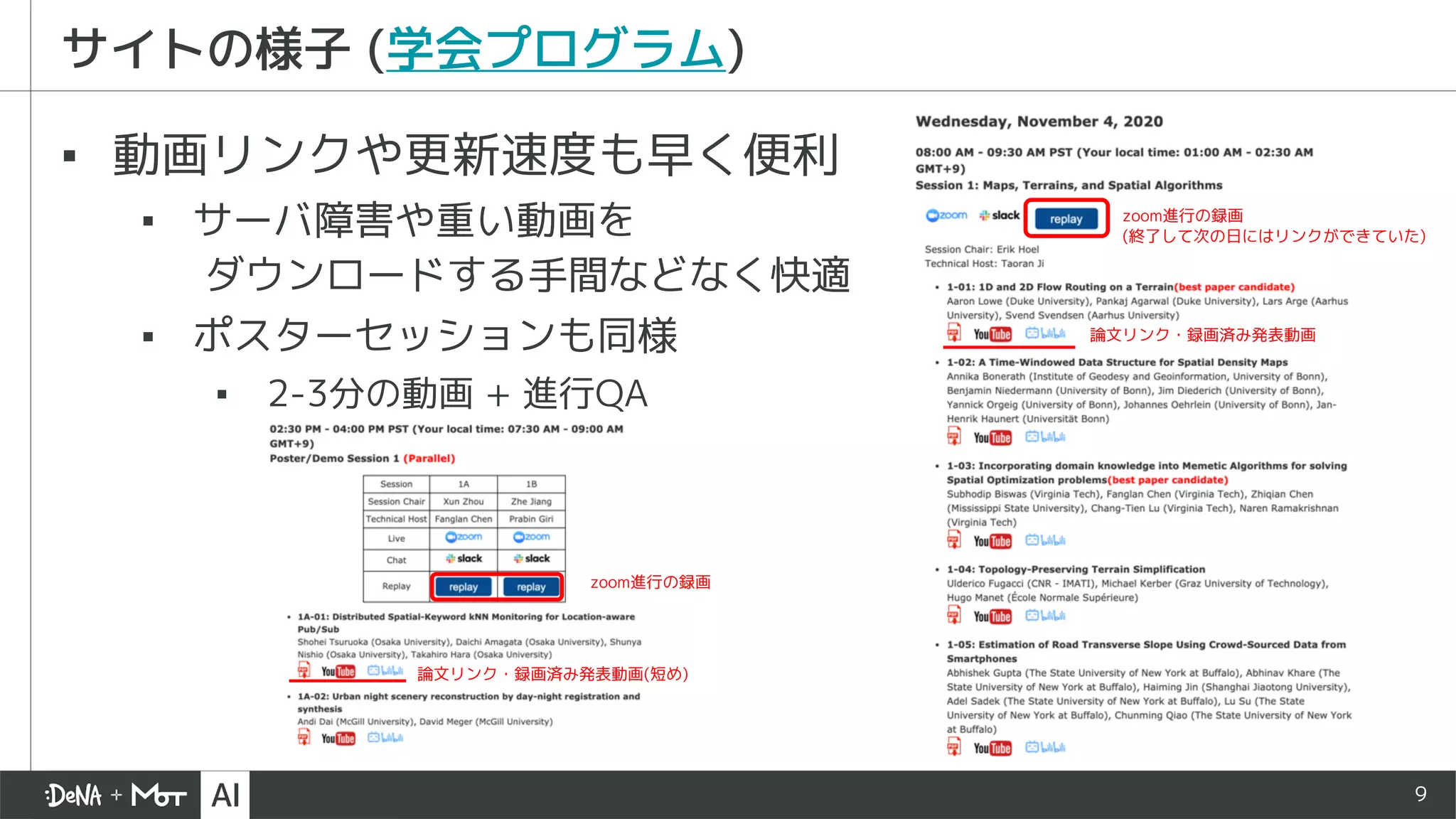9
サイトの様子 (学会プログラム)
▪ 動画リンクや更新速度も早く便利
▪ サーバ障害や重い動画を
ダウンロードする手間などなく快適
▪ ポスターセッションも同様
▪ 2-3分の動画 + 進行QA
zoom進行の録画
(終了して次の日にはリンクができていた)
論文リンク・録画済み発表動画
zoom進行の録画
論文リンク・録画済み発表動画(短め)
 