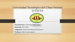 Universidad Tecnológica del Cibao Oriental
(UTECO)
Presentado por: Juan Carlos Disla Gómez
Matricula: 2013-0303
Asignatura: Sistema de Información Gerencial
Profesora: Alba Lissette peguero
 