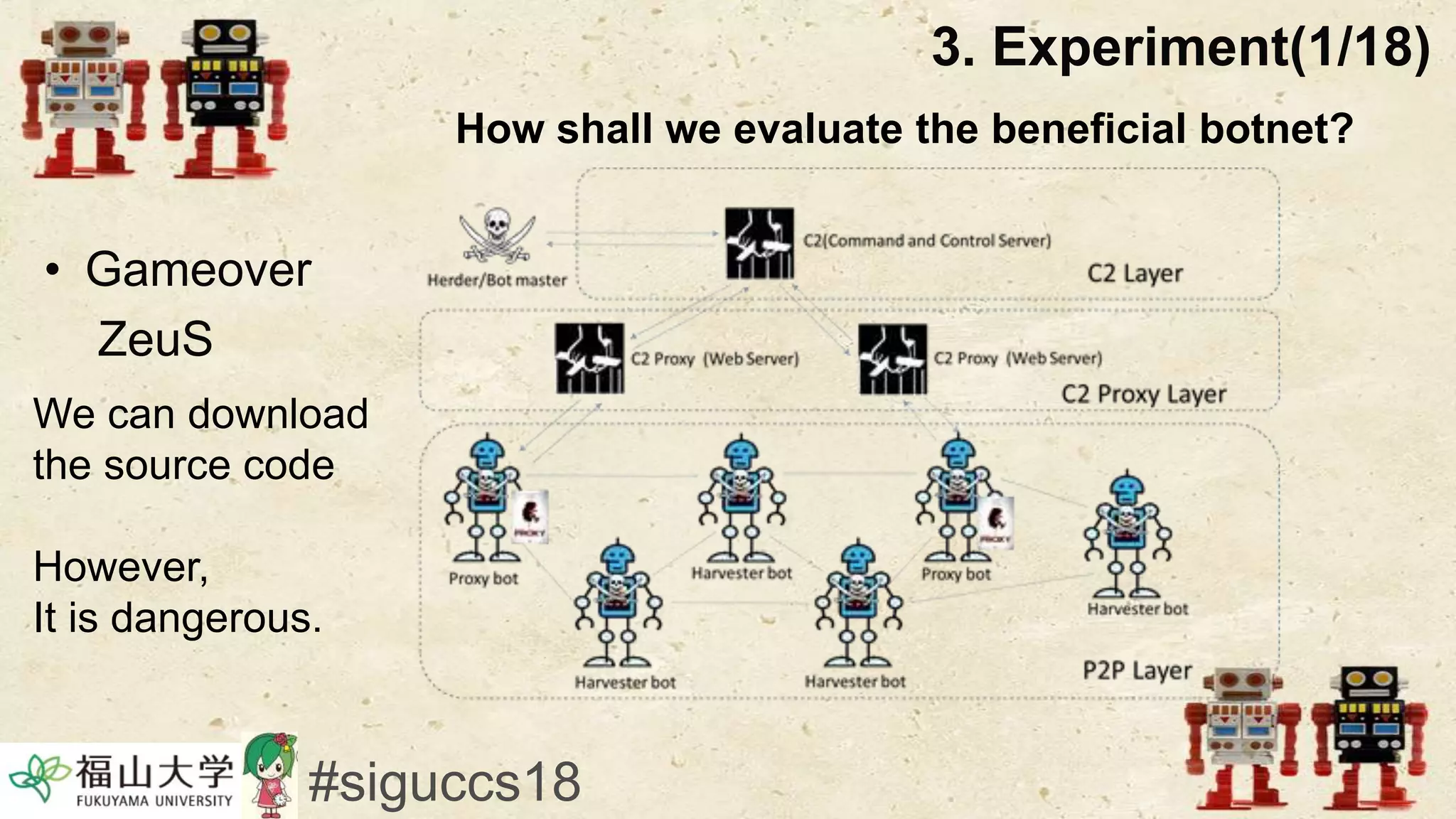 3. Experiment(1/18)
• Gameover
ZeuS
#siguccs18
We can download
the source code
However,
It is dangerous.
How shall we evaluate the beneficial botnet?
 
