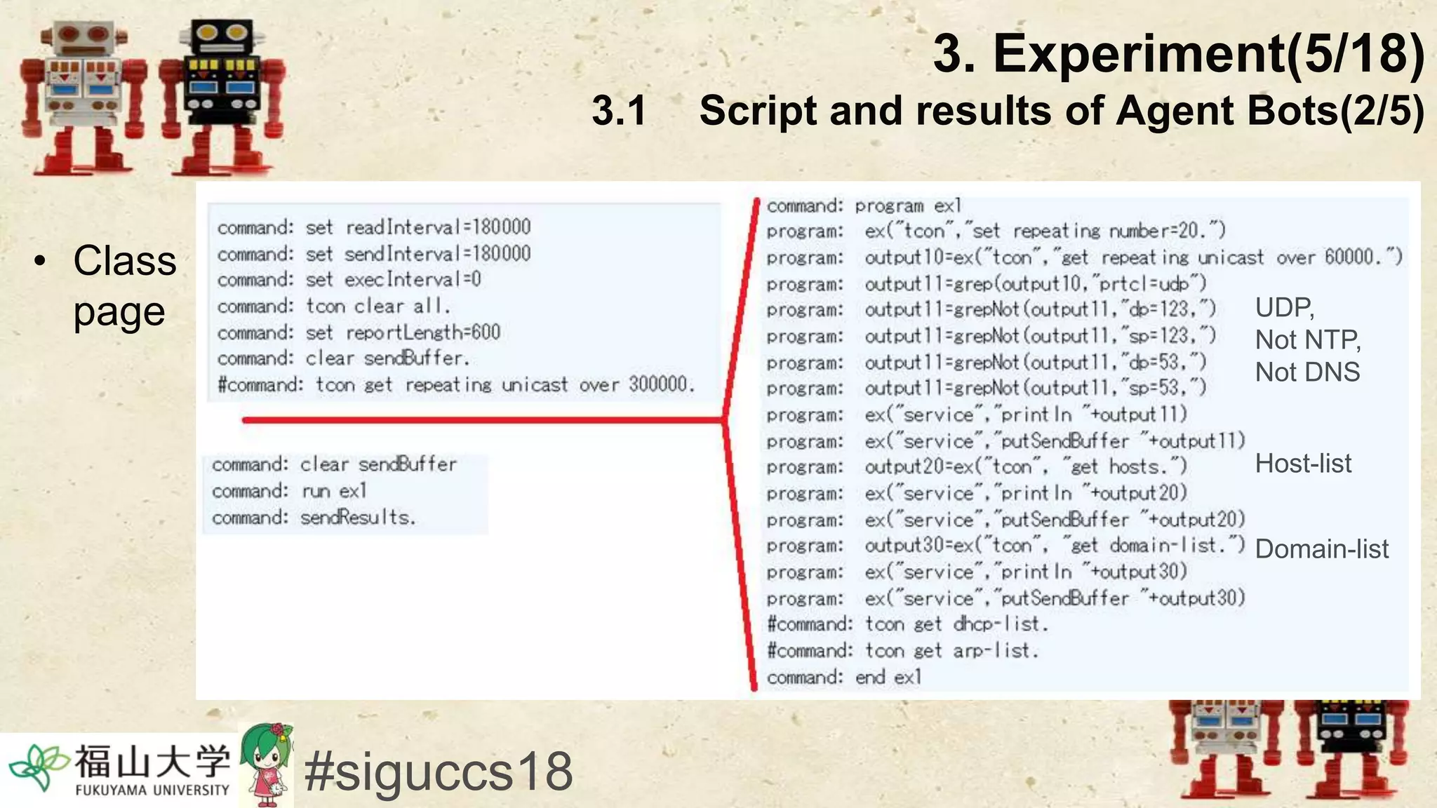 3. Experiment(5/18)
3.1 Script and results of Agent Bots(2/5)
• Class
page
#siguccs18
UDP,
Not NTP,
Not DNS
Host-list
Domain-list
 