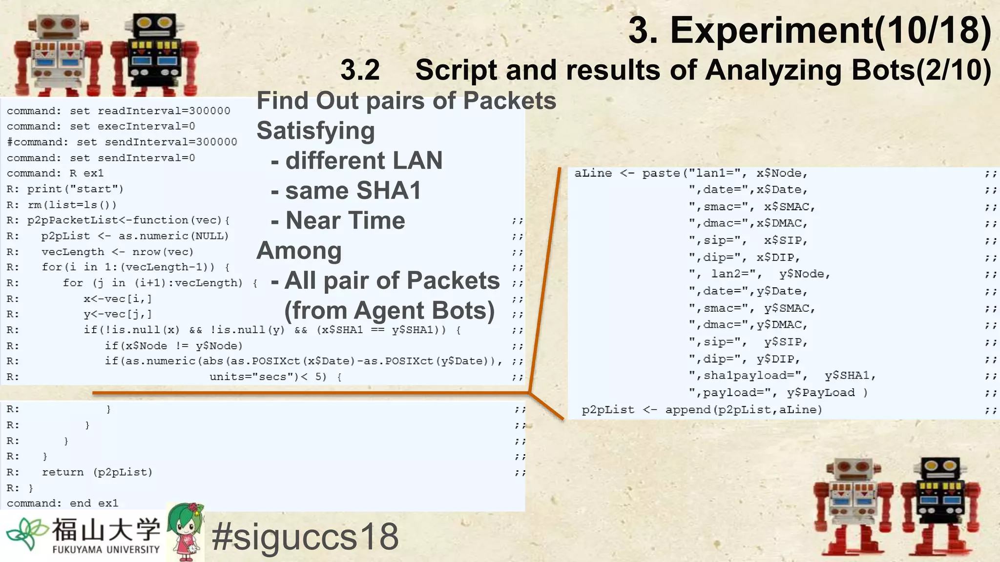 #siguccs18
3. Experiment(10/18)
3.2 Script and results of Analyzing Bots(2/10)
Find Out pairs of Packets
Satisfying
- different LAN
- same SHA1
- Near Time
Among
- All pair of Packets
(from Agent Bots)
 