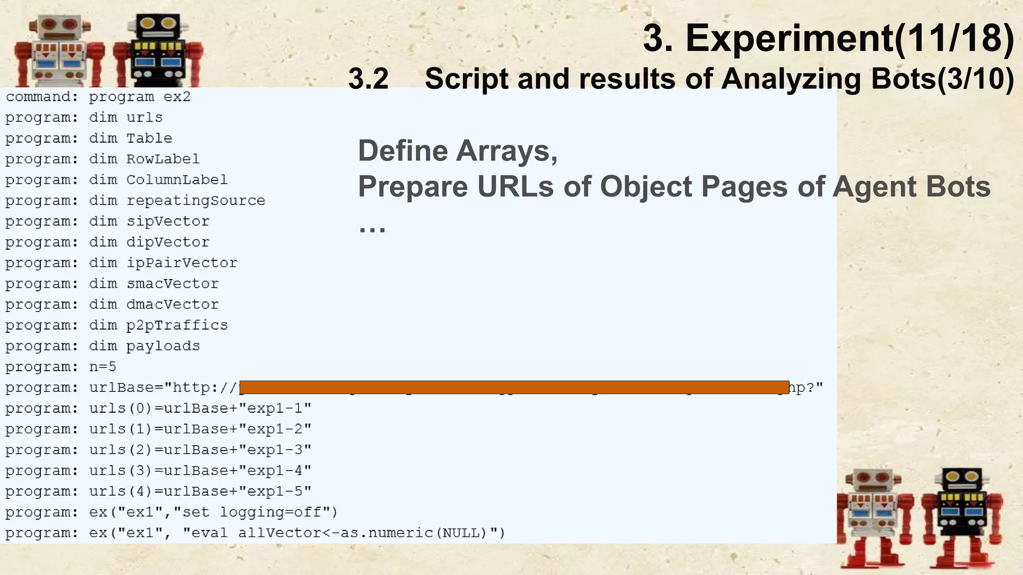 3. Experiment(11/18)
3.2 Script and results of Analyzing Bots(3/10)
Define Arrays,
Prepare URLs of Object Pages of Agent Bots
…
 