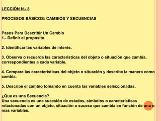 LECCIÓN N.- 8
PROCESOS BÁSICOS: CAMBIOS Y SECUENCIAS

Pasos Para Describir Un Cambio
1.- Definir el propósito.
2. Identificar las variables de interés.
3. Observa o recuerda las características del objeto o situación que cambia,
correspondientes a cada variable.
4. Compara las características del objeto o situación y describe la manera como
cambia.
5. Describe el cambio tomando en cuenta las variables seleccionadas.

¿Que es una Secuencia?
Una secuencia es una sucesión de estados, símbolos o características
relacionadas con un objeto, situación o suceso que cambia en función de una o
mas variables.

 