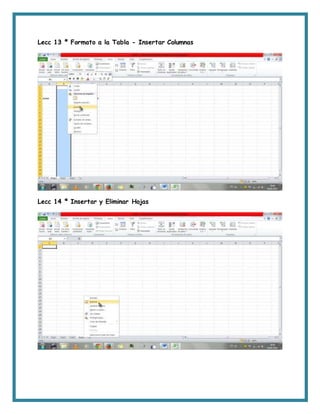 Lecc 13 ª Formato a la Tabla - Insertar Columnas
Lecc 14 ª Insertar y Eliminar Hojas
 