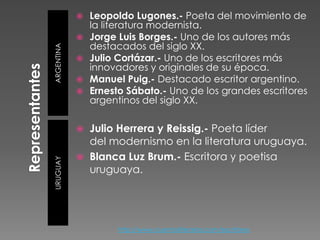    Leopoldo Lugones.- Poeta del movimiento de
                la literatura modernista.
               Jorge Luis Borges.- Uno de los autores más
                destacados del siglo XX.
ARGENTINA      Julio Cortázar.- Uno de los escritores más
                innovadores y originales de su época.
               Manuel Puig.- Destacado escritor argentino.
               Ernesto Sábato.- Uno de los grandes escritores
                argentinos del siglo XX.

               Julio Herrera y Reissig.- Poeta líder
                del modernismo en la literatura uruguaya.
               Blanca Luz Brum.- Escritora y poetisa
URUGUAY




                uruguaya.




                     http://www.cuentosliterarios.com/escritores
 
