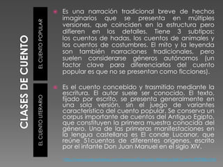    Es una narración tradicional breve de hechos
                          imaginarios que se presenta en múltiples


EL CUENTO POPULAR
                          versiones, que coinciden en la estructura pero
                          difieren en los detalles. Tiene 3 subtipos:
                          los cuentos de hadas, los cuentos de animales y
                          los cuentos de costumbres. El mito y la leyenda
                          son también narraciones tradicionales, pero
                          suelen considerarse géneros autónomos (un
                          factor clave para diferenciarlos del cuento
                          popular es que no se presentan como ficciones).

                         Es el cuento concebido y trasmitido mediante la
                          escritura. El autor suele ser conocido. El texto,
EL CUENTO LITERARIO




                          fijado por escrito, se presenta generalmente en
                          una sola versión, sin el juego de variantes
                          característico del cuento popular. Se conserva un
                          corpus importante de cuentos del Antiguo Egipto,
                          que constituyen la primera muestra conocida del
                          género. Una de las primeras manifestaciones en
                          la lengua castellana es El conde Lucanor, que
                          reúne 51cuentos de diferentes orígenes, escrito
                          por el infante Don Juan Manuel en el siglo XIV.
                          http://www.buenastareas.com/ensayos/Evolucion-Historica-Del-Cuento/857086.html
 