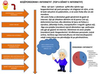 KEQËPORDORIMI I INTERNETIT (TOP 6 DËMET E INTERNETIT)
KEQPERDORIMI I TE DHENAVE
PERSONALE
LOJRAT ONLINE
VARESIA NGA INTERNETI
DHUNA NE INTERNET
(SAJBERDHUNA)
EKSPOZIMI NDAJ MATERIALEVE ME
PERMBAJTJE TE PAPERSHTATSHME
DEMET FIZIKE QE SHKAKTOHEN NE
INTERNET
- Nëse një njeri i plotëson qoftë dhe njërën nga
keqpordorimet që janë paraqitur në shigjetat në vijim, ai do
të ketë ndryshim të pakënshëm, si në anën fizike dhe në atë
mendore.
-Në anën fizike ai dëmtohet gjatë qëndrimit të gjatë në
internet. Gjë që shkakton dëmtim në të pamur (në sy),
deformimin kurrizor, dhe dëmtime të tjera në fizikun e
njerzëve, (dhembje krahu, mosqarkullim i rregullt i gjakut etj).
-Nga ana psiqike (mendore) njerzit dëmtohen nga pothuajse
cdo gjë që gjejmë në internet. Dëmtimet në anen psiqike
(mendore) janë: Keqperdorimi i të dhënave personale ,Lojrat
online, Vartësia nga interneti,Dhuna në internet,Ekspozimi
ndajë materialeve me përmbajtje të pa përshtatshme.
MOS E DEMTO VETEN
KUR KE MUNDESI TA
MBROSH ATE
PERDORIMI I INTERNETIT
NEGATIV
(PERDORIMI I
INTERNETIT PER
GJERA JO TE
MIRA) 1
POZITIV
(PERDORIMI I
INTERNETIT PER
GJERA TE MIRA)
2
1 2
 