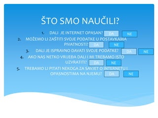 ŠTO SMO NAUČILI?
1. DALI JE INTERNET OPASAN?
2. MOŽEMO LI ZAŠTITI SVOJE PODATKE U POSTAVKAMA
PIVATNOSTI?
3. DALI JE ISPRAVNO DAVATI SVOJE PODATKE?
4. AKO NAS NETKO VRIJEĐA DALI I MI TREBAMO ISTO
UZVRATITI?
5. TREBAMO LI PITATI NEKOGA ZA SAVJET O INTERNETU I
OPASNOSTIMA NA NJEMU?
DA
DA
 