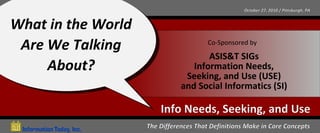 October 27, 2010 / Pittsburgh, PA


What in the World
 Are We Talking                         Co-Sponsored by

                                      ASIS&T SIGs
     About?                       Information Needs,
                                Seeking, and Use (USE)
                               and Social Informatics (SI)

                        Info Needs, Seeking, and Use
                    The Differences That Definitions Make in Core Concepts
 