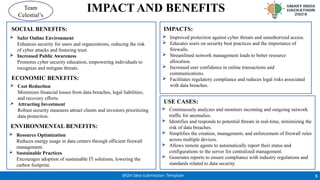 IMPACT AND BENEFITS
5
@SIH Idea submission- Template
Team
Celestial’s
 Safer Online Environment
Enhances security for users and organizations, reducing the risk
of cyber attacks and fostering trust.
 Increased Public Awareness
Promotes cyber security education, empowering individuals to
recognize and mitigate threats.
SOCIAL BENEFITS:
 Cost Reduction
Minimizes financial losses from data breaches, legal liabilities,
and recovery efforts.
 Attracting Investment
Robust security measures attract clients and investors prioritizing
data protection.
ECONOMIC BENEFITS:
 Resource Optimization
Reduces energy usage in data centers through efficient firewall
management.
 Sustainable Practices
Encourages adoption of sustainable IT solutions, lowering the
carbon footprint.
ENVIRONMENTAL BENEFITS:
 Improved protection against cyber threats and unauthorized access.
 Educates users on security best practices and the importance of
firewalls.
 Streamlined network management leads to better resource
allocation.
 Increased user confidence in online transactions and
communications.
 Facilitates regulatory compliance and reduces legal risks associated
with data breaches.
IMPACTS:
USE CASES:
 Continuously analyzes and monitors incoming and outgoing network
traffic for anomalies.
 Identifies and responds to potential threats in real-time, minimizing the
risk of data breaches.
 Simplifies the creation, management, and enforcement of firewall rules
across multiple devices.
 Allows remote agents to automatically report their status and
configurations to the server for centralized management.
 Generates reports to ensure compliance with industry regulations and
standards related to data security.
 