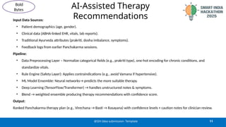 11
@SIH Idea submission- Template
Bold
Bytes
Input Data Sources:
• Patient demographics (age, gender).
• Clinical data (ABHA-linked EHR, vitals, lab reports).
• Traditional Ayurveda attributes (prakriti, dosha imbalance, symptoms).
• Feedback logs from earlier Panchakarma sessions.
Pipeline:
• Data Preprocessing Layer – Normalize categorical fields (e.g., prakriti type), one-hot encoding for chronic conditions, and
standardize vitals.
• Rule Engine (Safety Layer): Applies contraindications (e.g., avoid Vamana if hypertensive).
• ML Model Ensemble: Neural networks→ predicts the more suitable therapy.
• Deep Learning (TensorFlow/Transformer) → handles unstructured notes & symptoms.
• Blend → weighted ensemble producing therapy recommendations with confidence score.
Output:
Ranked Panchakarma therapy plan (e.g., Virechana → Basti → Rasayana) with confidence levels + caution notes for clinician review.
AI-Assisted Therapy
Recommendations
 