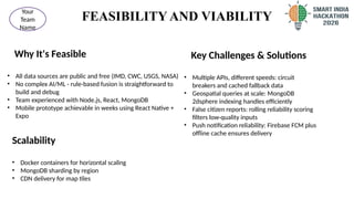 FEASIBILITY AND VIABILITY
Why It's Feasible
• All data sources are public and free (IMD, CWC, USGS, NASA)
• No complex AI/ML - rule-based fusion is straightforward to
build and debug
• Team experienced with Node.js, React, MongoDB
• Mobile prototype achievable in weeks using React Native +
Expo
4
@SIH Idea submission- Template
Your
Team
Name
Key Challenges & Solutions
• Multiple APIs, different speeds: circuit
breakers and cached fallback data
• Geospatial queries at scale: MongoDB
2dsphere indexing handles efficiently
• False citizen reports: rolling reliability scoring
filters low-quality inputs
• Push notification reliability: Firebase FCM plus
offline cache ensures delivery
Scalability
• Docker containers for horizontal scaling
• MongoDB sharding by region
• CDN delivery for map tiles
 