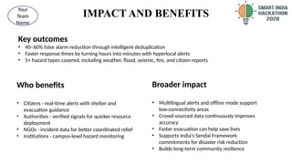 IMPACT AND BENEFITS
Key outcomes
• 40–60% false alarm reduction through intelligent deduplication
• Faster response times by turning hours into minutes with hyperlocal alerts
• 5+ hazard types covered, including weather, flood, seismic, fire, and citizen reports
5
@SIH Idea submission- Template
Your
Team
Name
Who benefits
• Citizens - real-time alerts with shelter and
evacuation guidance
• Authorities - verified signals for quicker resource
deployment
• NGOs - incident data for better coordinated relief
• Institutions - campus-level hazard monitoring
Broader impact
• Multilingual alerts and offline mode support
low-connectivity areas
• Crowd-sourced data continuously improves
accuracy
• Faster evacuation can help save lives
• Supports India's Sendai Framework
commitments for disaster risk reduction
• Builds long-term community resilience
 