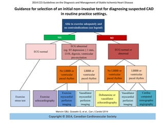 Copyright © 2014, Canadian Cardiovascular Society
2014 CCS Guidelines on the Diagnosis and Management of Stable Ischemia Heart Disease
Mancini GBJ, Gosselin G, et al., Can J Cardiol 2014
Able to exercise adequately and
no contraindications (see legend)
ECG normal
ECG abnormal
(eg. ST depression ≥ 1 mm,
LVH, digoxin, ventricular
pre-excitation
No LBBB or
ventricular
paced rhythm
LBBB or
ventricular
paced rhythm
No LBBB or
ventricular
paced rhythm
LBBB or
ventricular
paced rhythm
Exercise
stress test
Exercise
echocardiography
Dobutamine or
vasodilator
echocardiography
Exercise
myocardial
perfusion
imaging
Vasodilator
myocardial
perfusion
imaging
Vasodilator
myocardial
perfusion
imaging
Cardiac
computed
tomographic
angiography
ECG normal or
abnormal
YES NO
Guidance for selection of an initial non-invasive test for diagnosing suspected CAD
in routine practice settings.
 