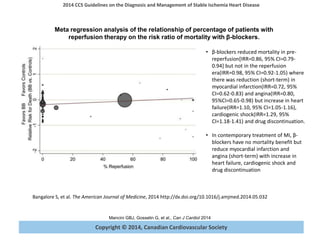 Copyright © 2014, Canadian Cardiovascular Society
2014 CCS Guidelines on the Diagnosis and Management of Stable Ischemia Heart Disease
Mancini GBJ, Gosselin G, et al., Can J Cardiol 2014
Copyright © 2014, Canadian Cardiovascular Society
Meta regression analysis of the relationship of percentage of patients with
reperfusion therapy on the risk ratio of mortality with β-blockers.
• β-blockers reduced mortality in pre-
reperfusion[IRR=0.86, 95% CI=0.79-
0.94] but not in the reperfusion
era(IRR=0.98, 95% CI=0.92-1.05) where
there was reduction (short-term) in
myocardial infarction(IRR=0.72, 95%
CI=0.62-0.83) and angina(IRR=0.80,
95%CI=0.65-0.98) but increase in heart
failure(IRR=1.10, 95% CI=1.05-1.16),
cardiogenic shock(IRR=1.29, 95%
CI=1.18-1.41) and drug discontinuation.
• In contemporary treatment of MI, β-
blockers have no mortality benefit but
reduce myocardial infarction and
angina (short-term) with increase in
heart failure, cardiogenic shock and
drug discontinuation
Bangalore S, et al. The American Journal of Medicine, 2014 http://dx.doi.org/10.1016/j.amjmed.2014.05.032
 